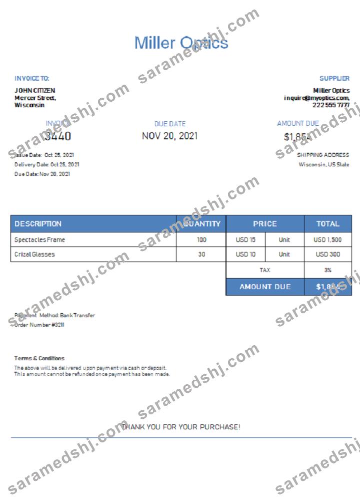 USA Miller Optics invoice